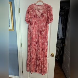 Torrid Pink and Orange Maxi Dress with Puff Sleeves